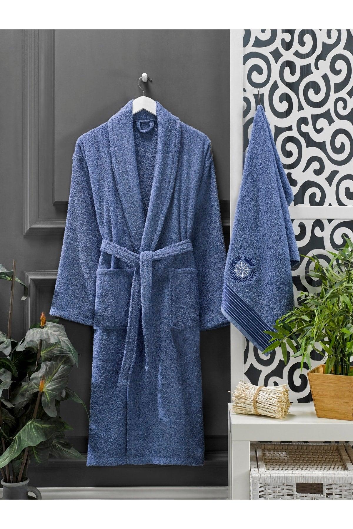 Navy Blue Towel Bathrobe Set of 2 - Swordslife