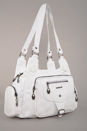 Women'S White Wash Leather Multi-Section Shoulder And Hand Bag