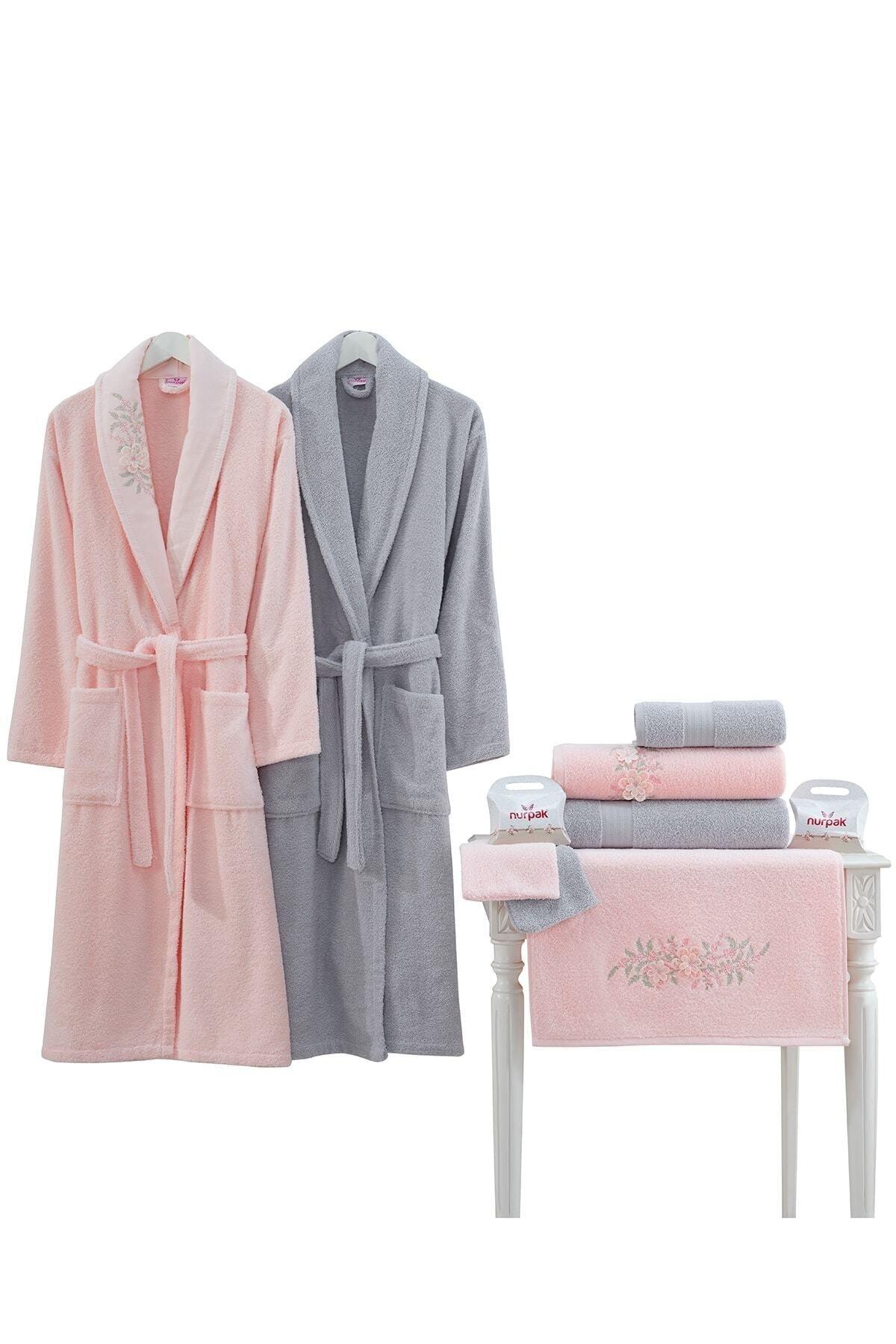 Bougainvillea Embroidered Family Bathrobe Set 10 Pieces Gray-powder - Swordslife