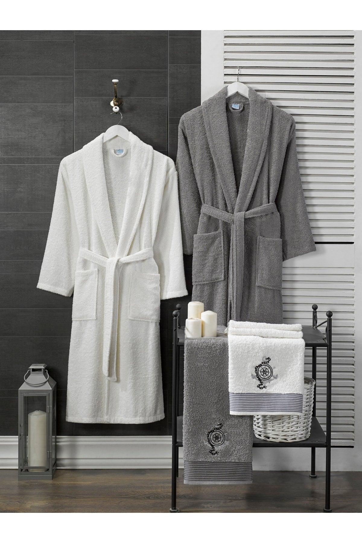 100% Cotton Compass Embroidered 4-Piece Family Bathrobe Set White | Grey - Swordslife