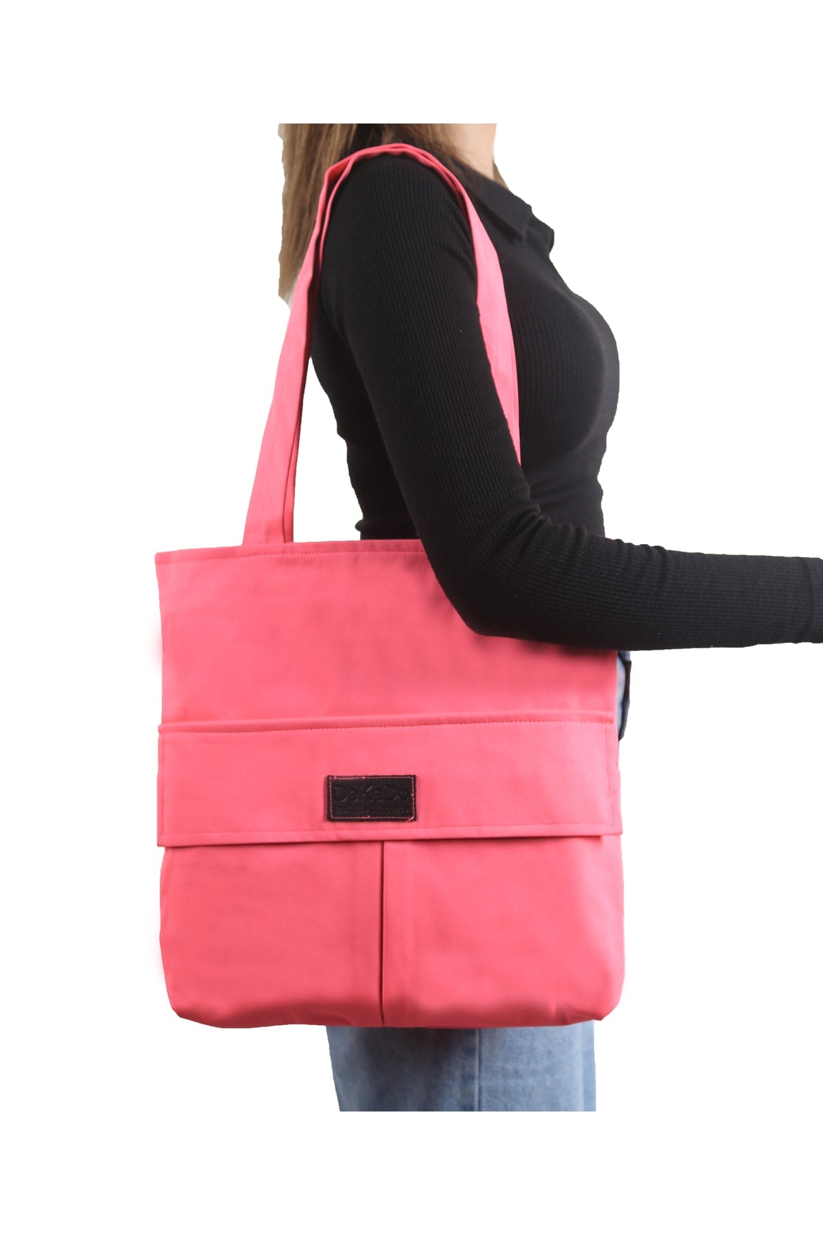 Women'S Light Pink Bag Zippered Hand And Shoulder Bag Canvas Fabric Tote Bag