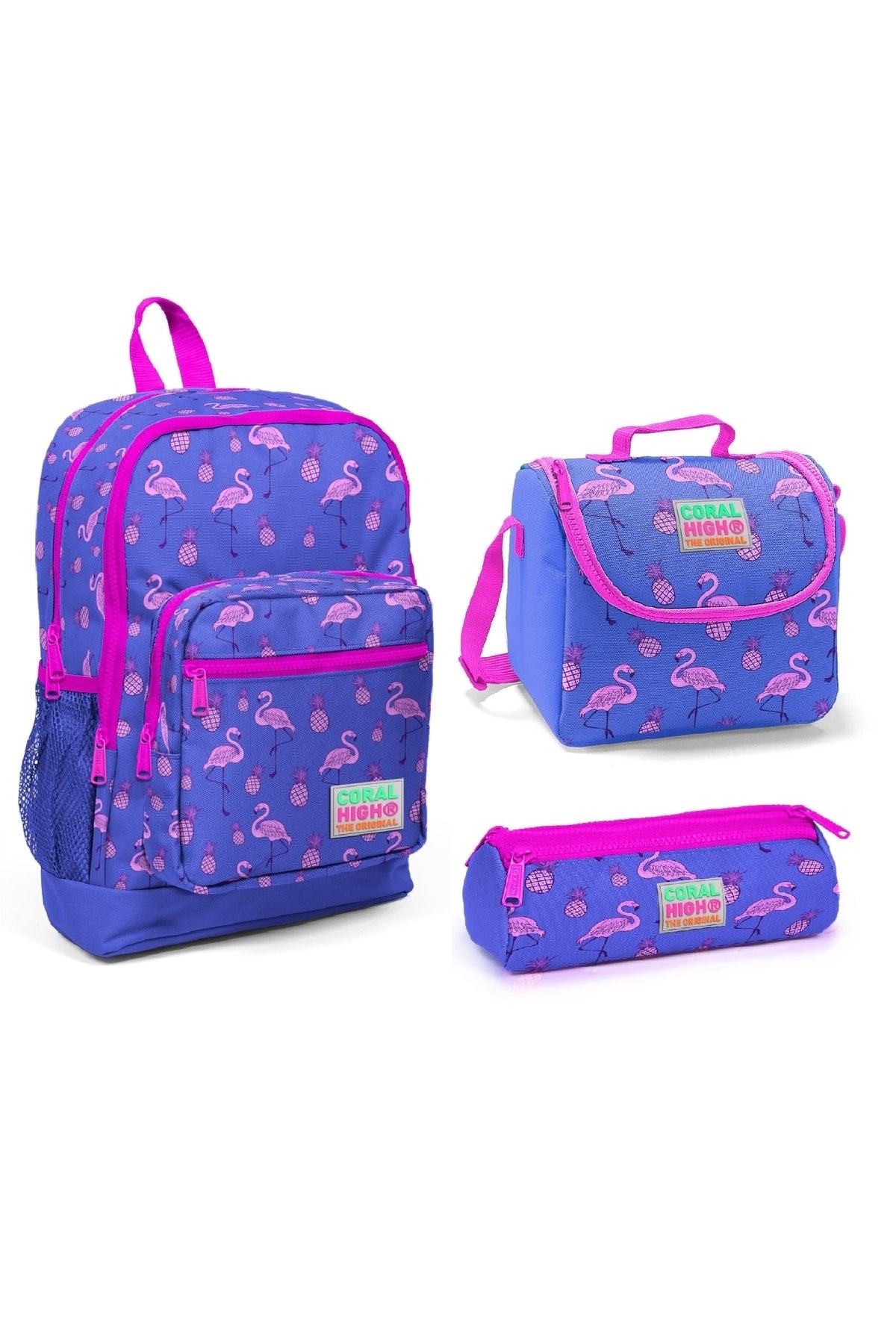 Kids Four Compartment Lavender Flamingo Patterned 3-Pack School Bag Set