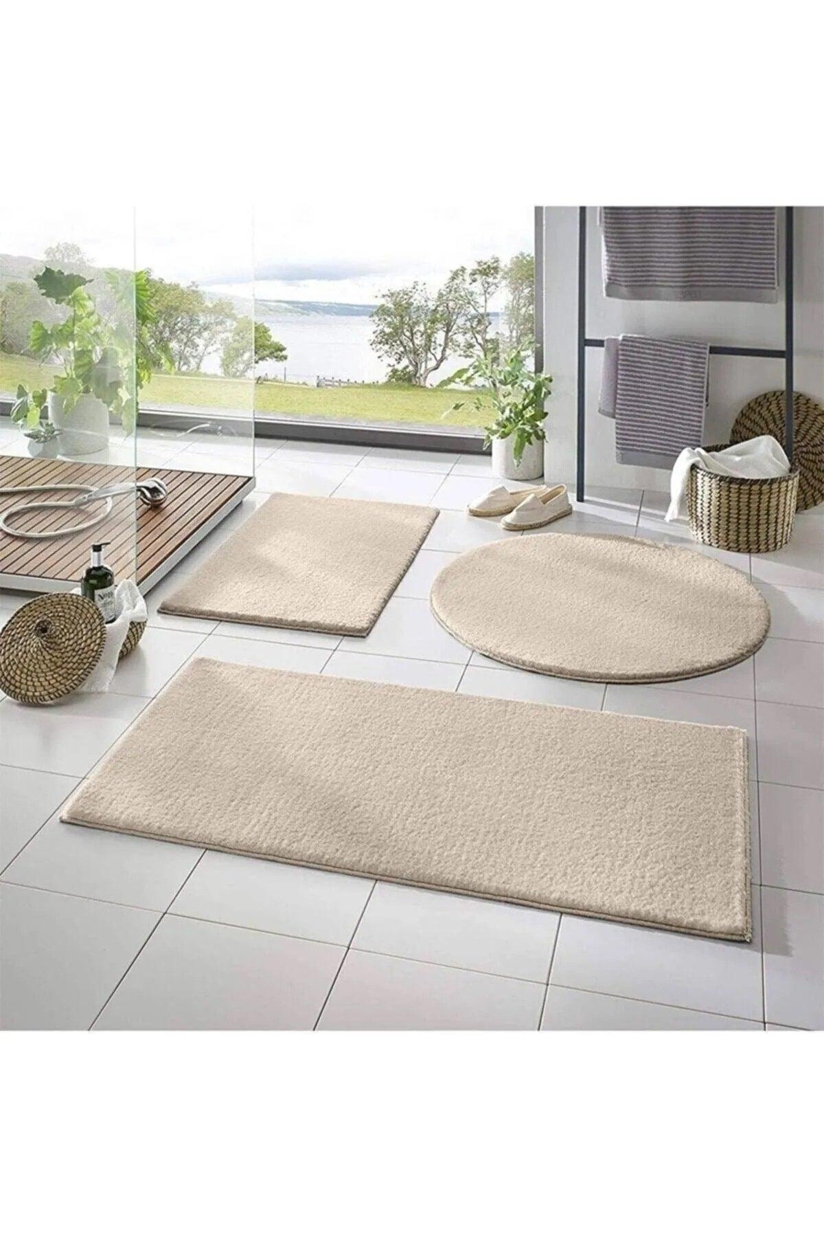 3 Piece Bathroom Carpet Plush Post Carpet Closet Set Beige 50x90--50x60---50x50(round) - Swordslife