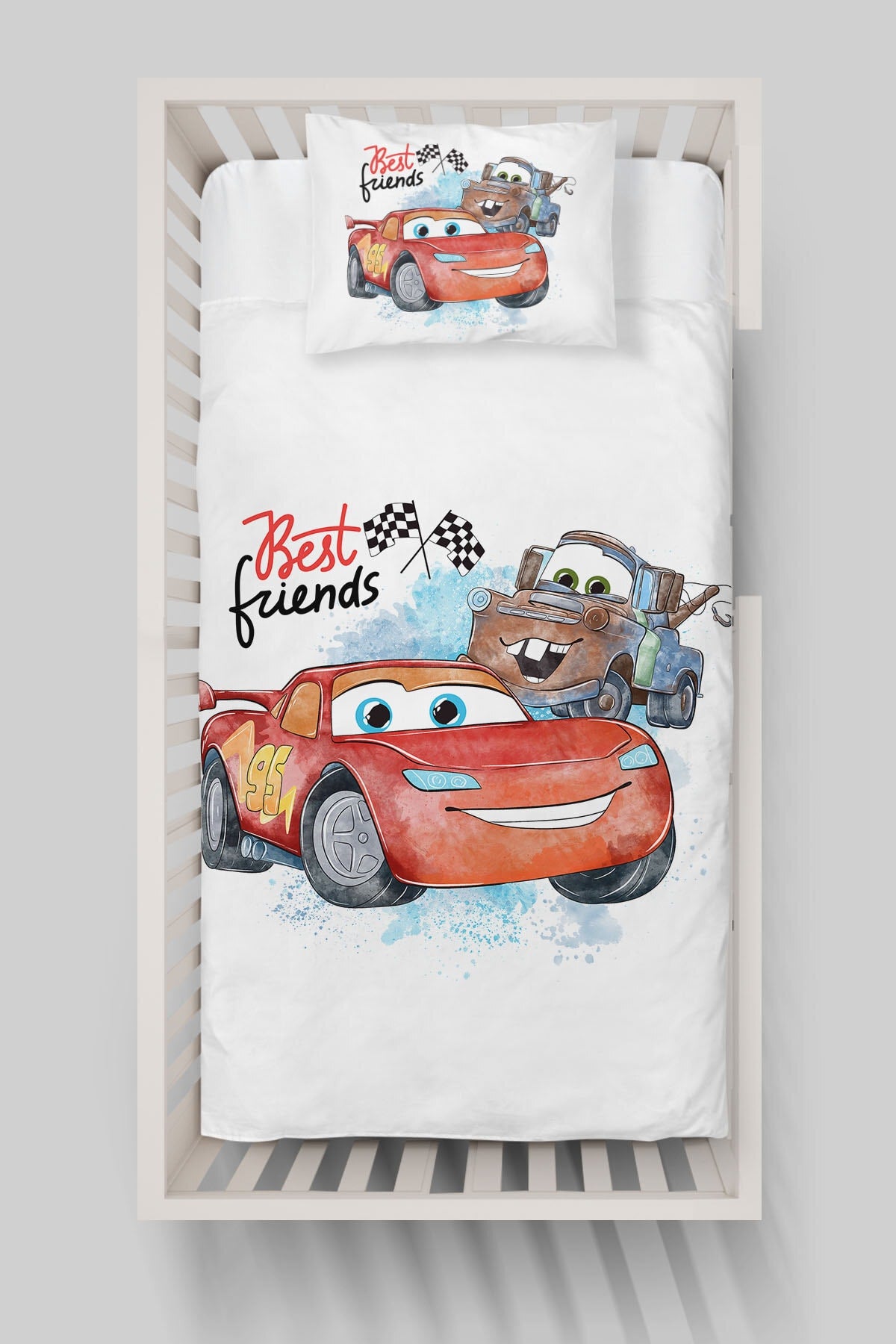 Organic Montessori Duvet Cover Set (100X200) - Cartoon Series - Şimşek Mcqueen And Attractive Mater