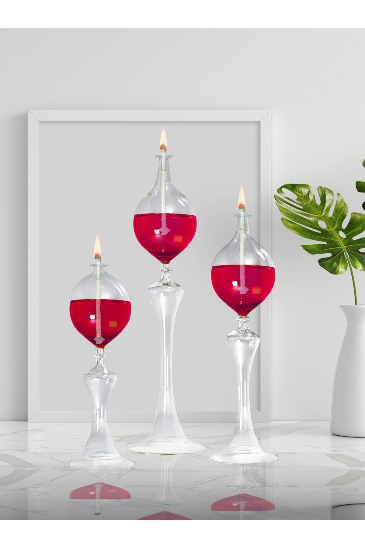 Foot Drops Candlestick Glass Oil Lamp Set of 3 Oil Red - Swordslife