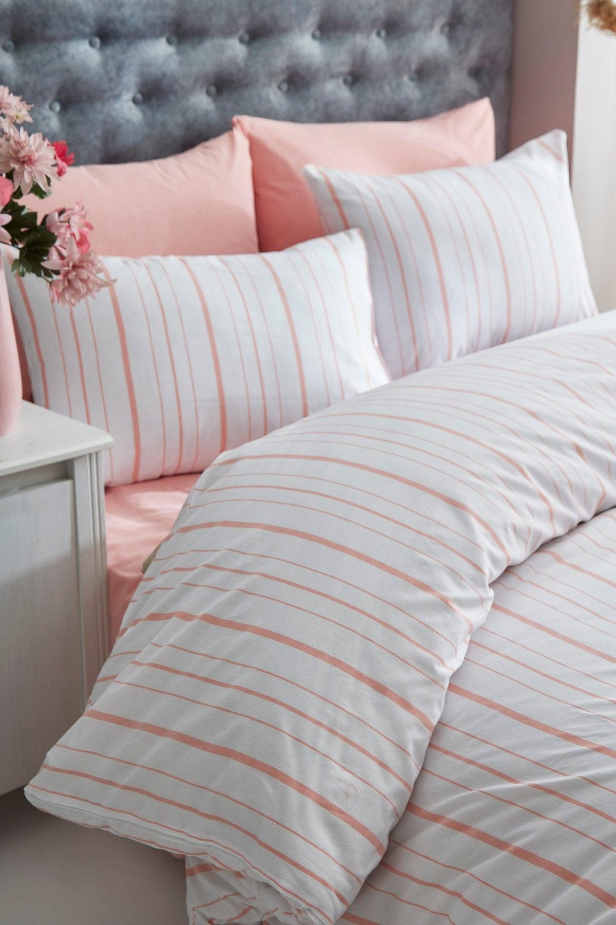 Striped Salmon Single Cotton Linen Duvet Cover Set - Swordslife