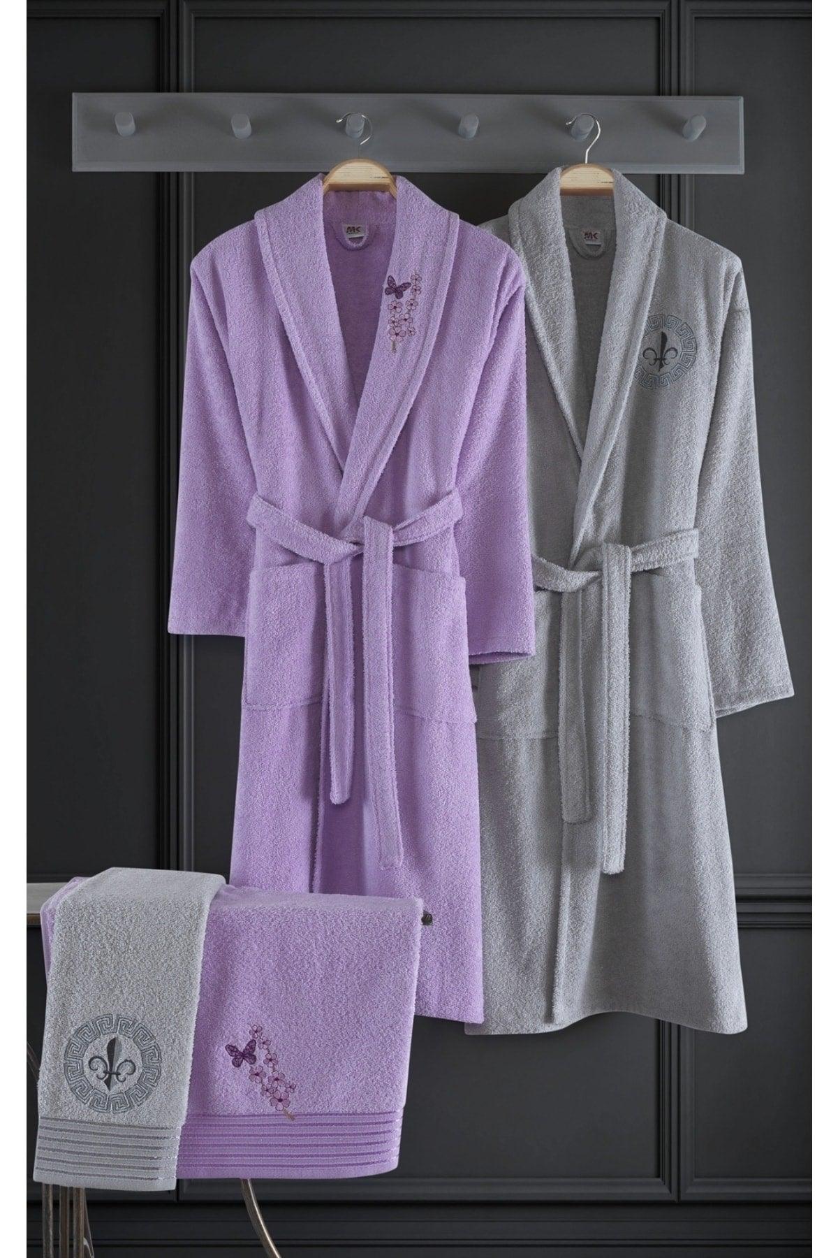 Flamingo Embroidered Cotton 4 Piece Family Bathrobe Set Lilac I Gray - Swordslife