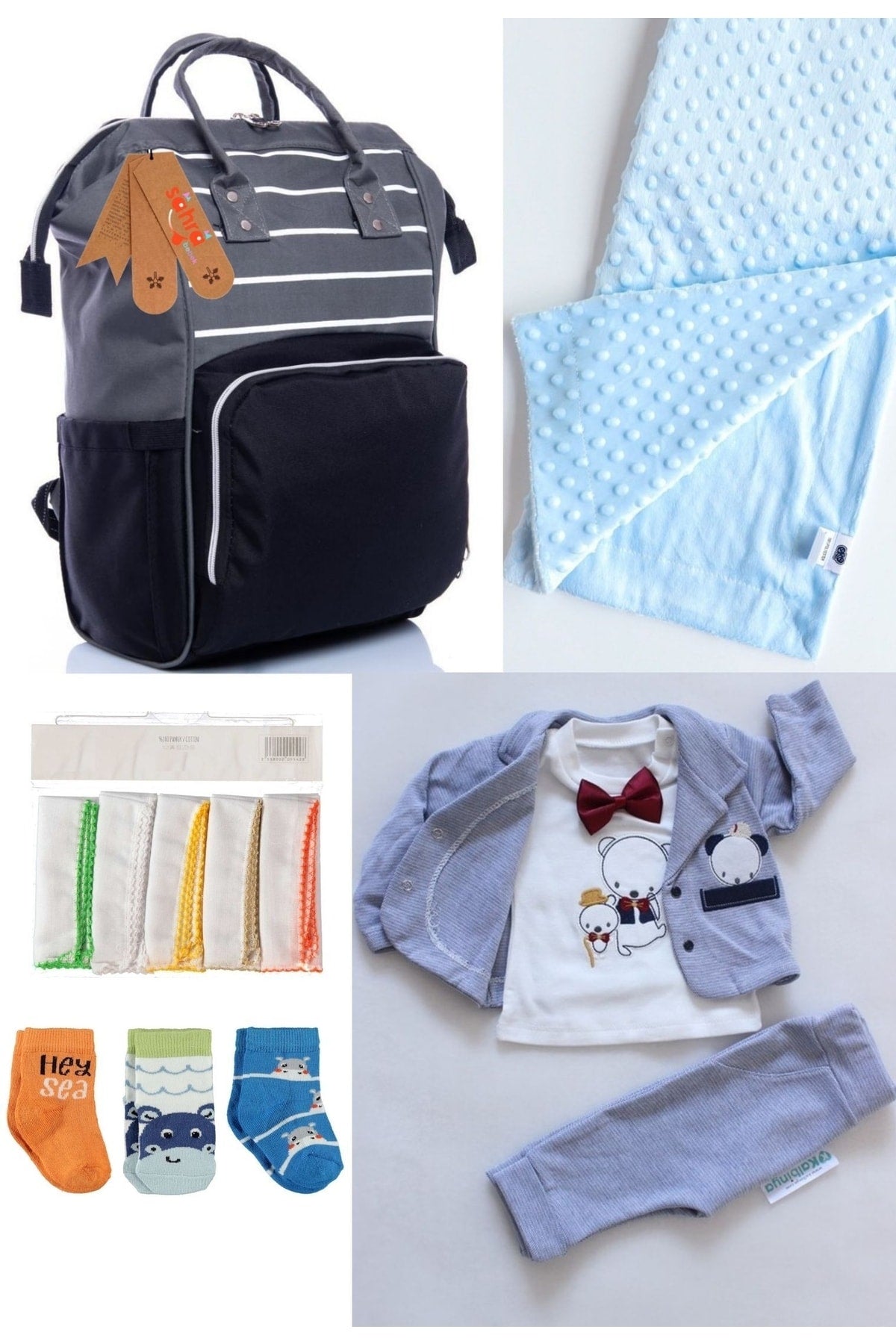 5 Piece Maternity Set (Baby Care Backpack, Hospital Exit, Chickpea Blanket, 10 Wipes and 3 Socks)