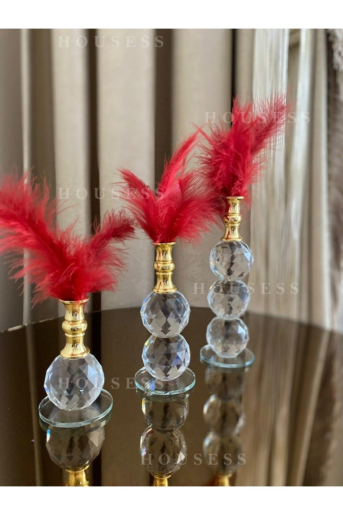 Set of 3 Red Feathered Gold Crystal Ball Feather Decor Trinket Ornament - Swordslife