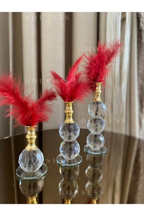 Set of 3 Red Feathered Gold Crystal Ball Feather Decor Trinket Ornament - Swordslife