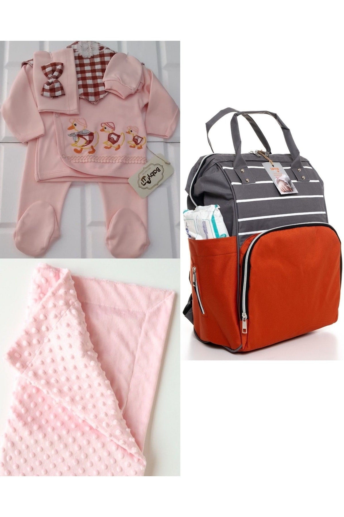 Functional Mother Baby Care Backpack, 100% Cotton Hospital Outlet And Chickpea Blanket Set