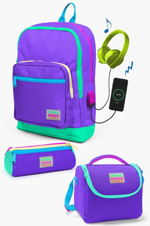 Kids Purple Color Detailed Usb 3 Pcs School Bag Set Set0123834