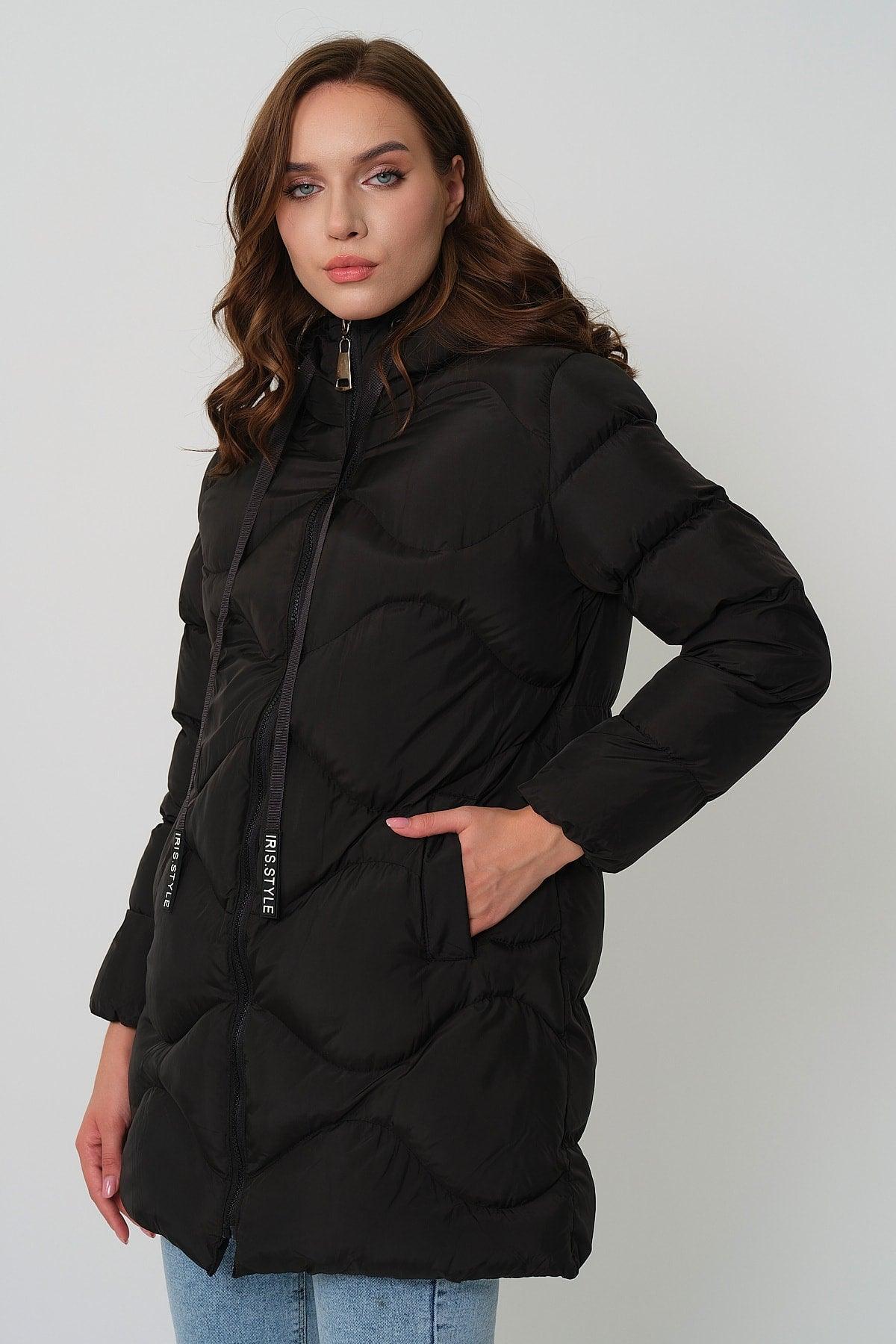 Women's Black Hooded Cord Detailed Down Jacket - Swordslife