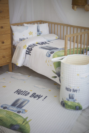 Organic Printed Cotton Satin Baby Duvet Cover Set - Car And Star Themed