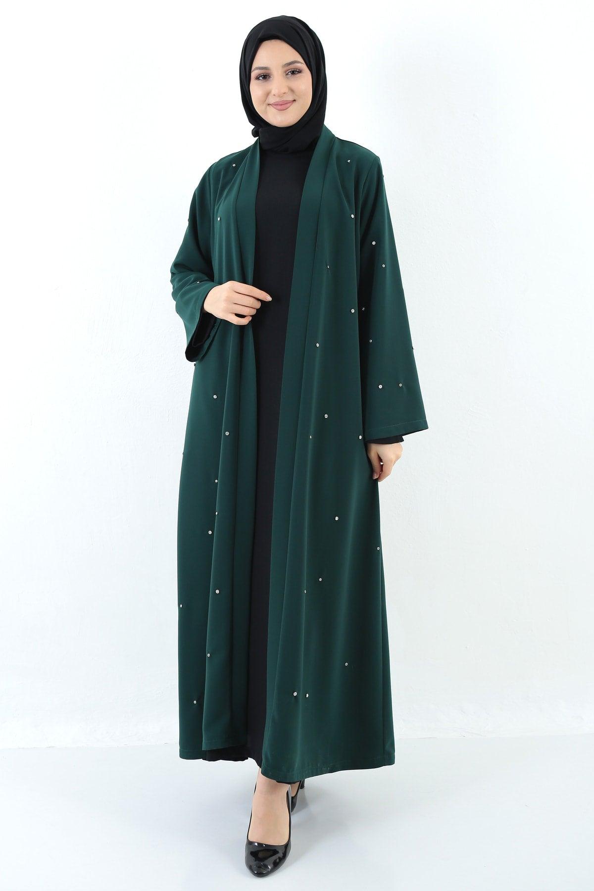 Women's Emerald Green Stone Detailed Belted Abaya - Swordslife