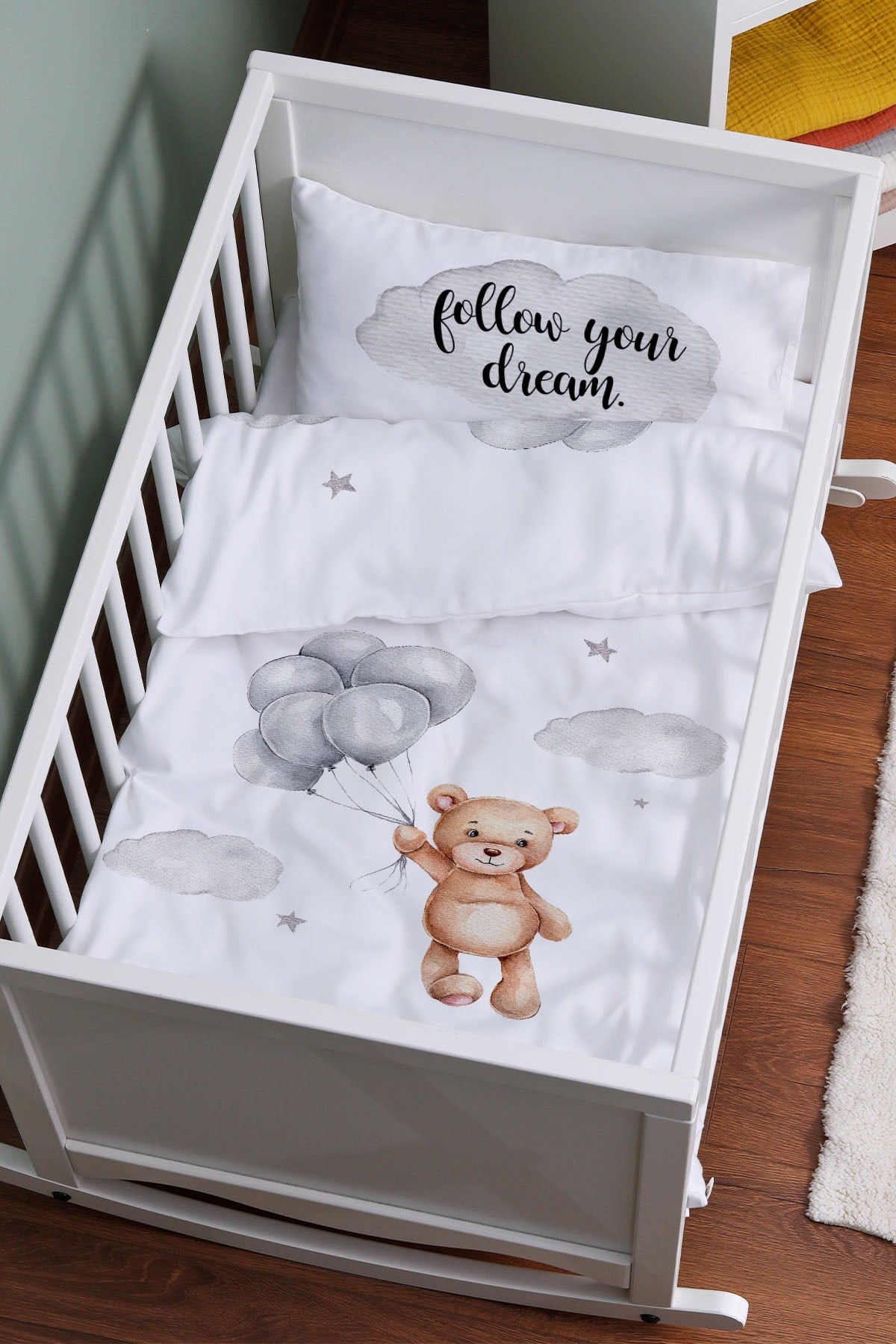 Mother'S Side Crib Duvet Cover Set (60X100) - Iconic Series - Brown Bear Swinging In A Star Pink