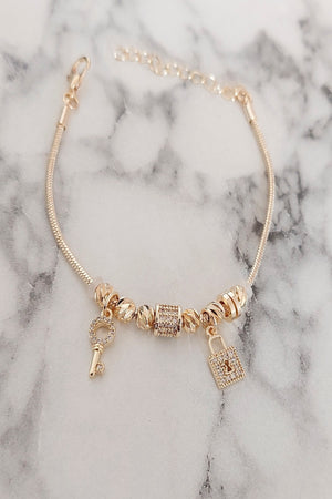 Women'S Gold Lock Key Zircon Detail Dorika Steel Bracelet