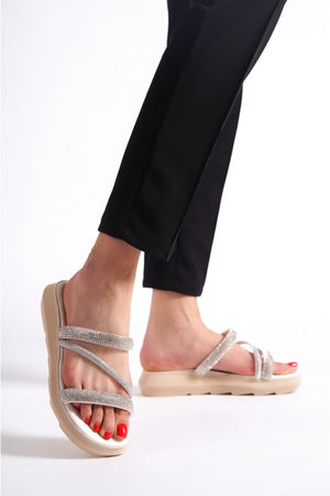 Women'S Cream-White Flat Sole Stone Stylish Slippers Wsb0494