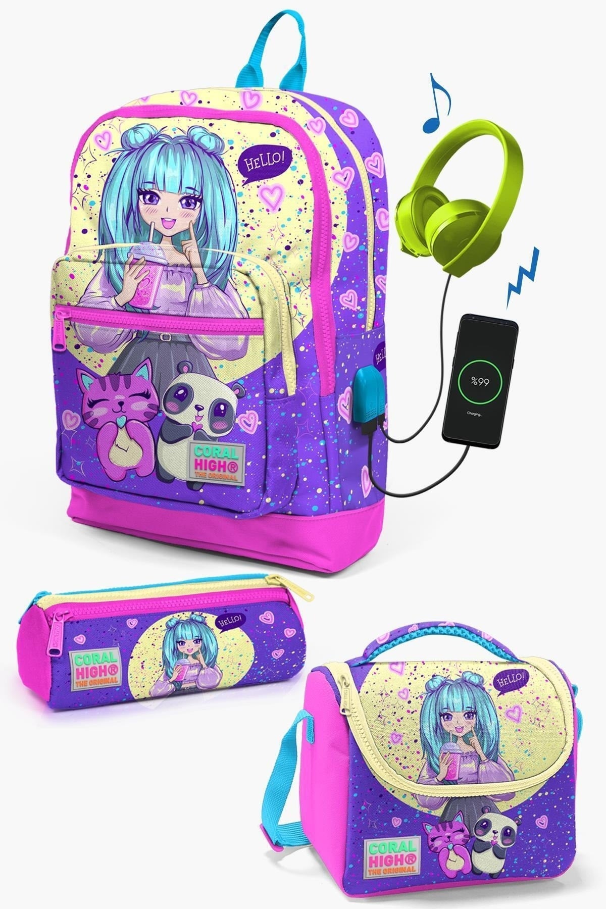 Kids Purple Pink Anime Girl Patterned Usb 3-Piece School Bag Set Set0123835