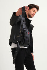 Quality Leather Cross Shoulder And Chest Bag Black With Strap