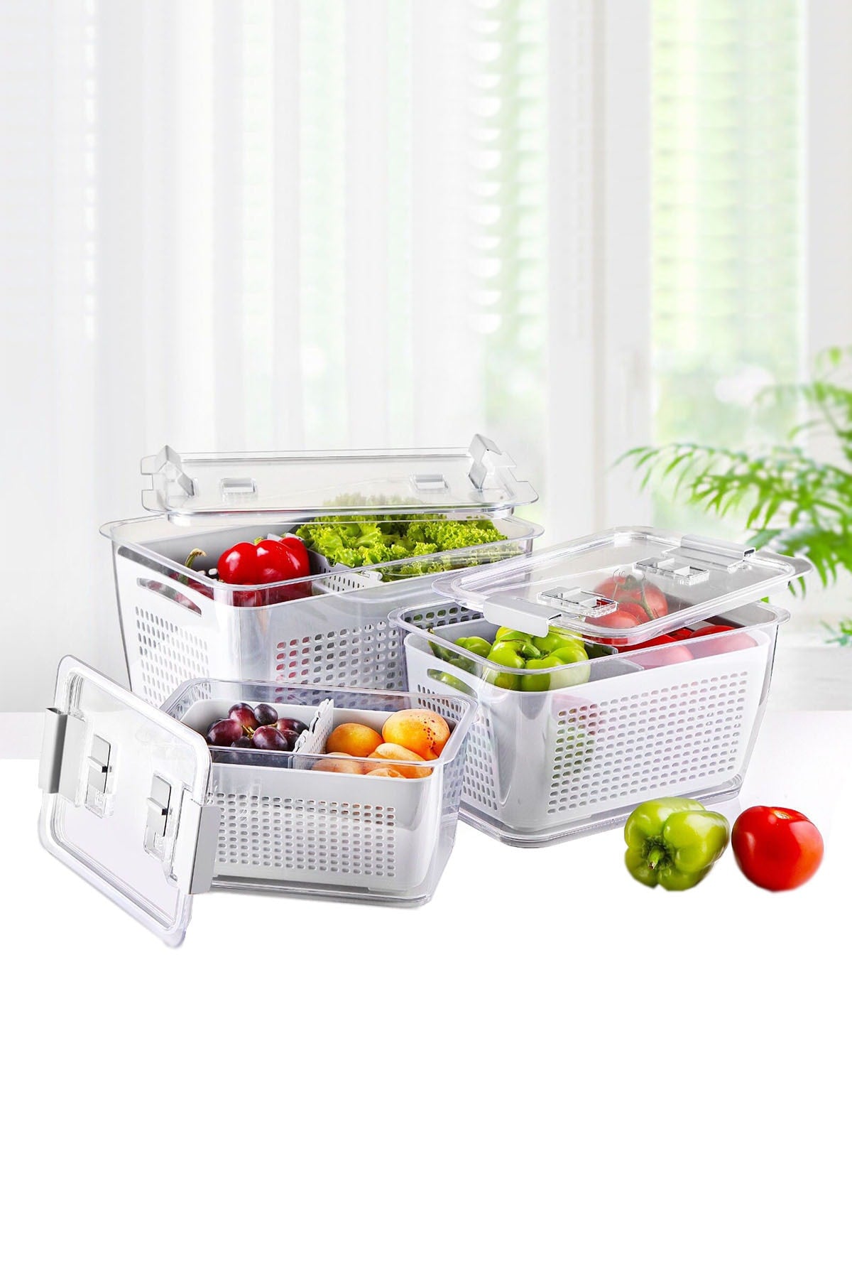 3 Sizes Refrigerator Fresh Vegetable Fruit Storage Container With Compartment Ventilation