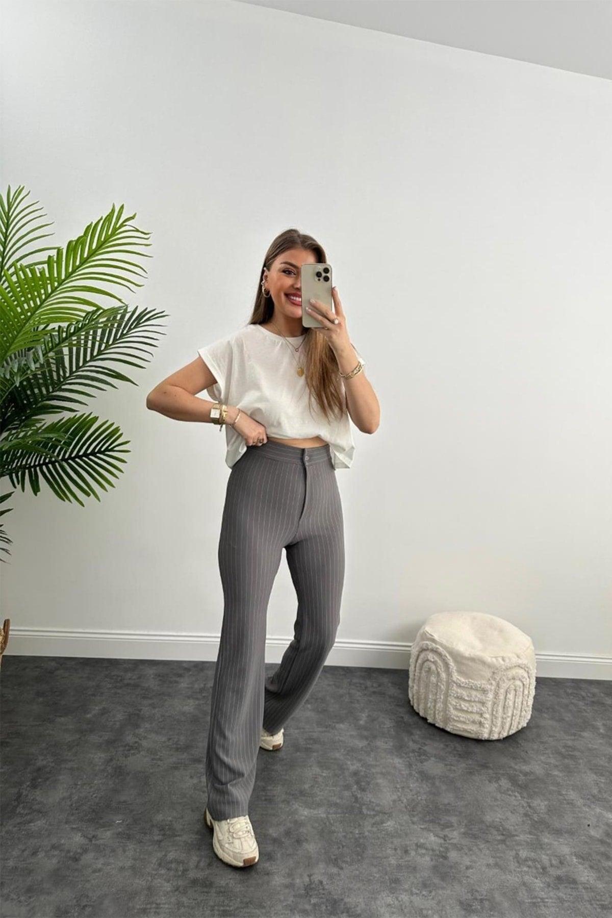 Ultra High Waist Crepe Fabric Lycra Palazzo Striped Trousers Gray - Swordslife