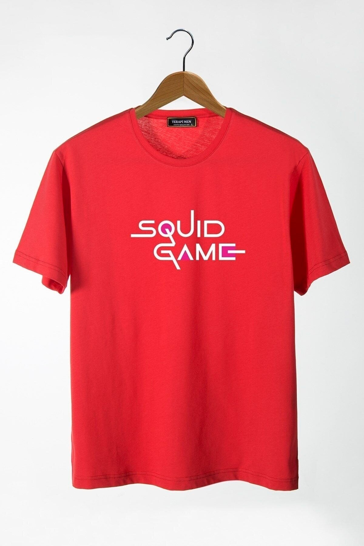Men'S Red Front Squid Game Printed Crew Neck Oversize T-Shirt