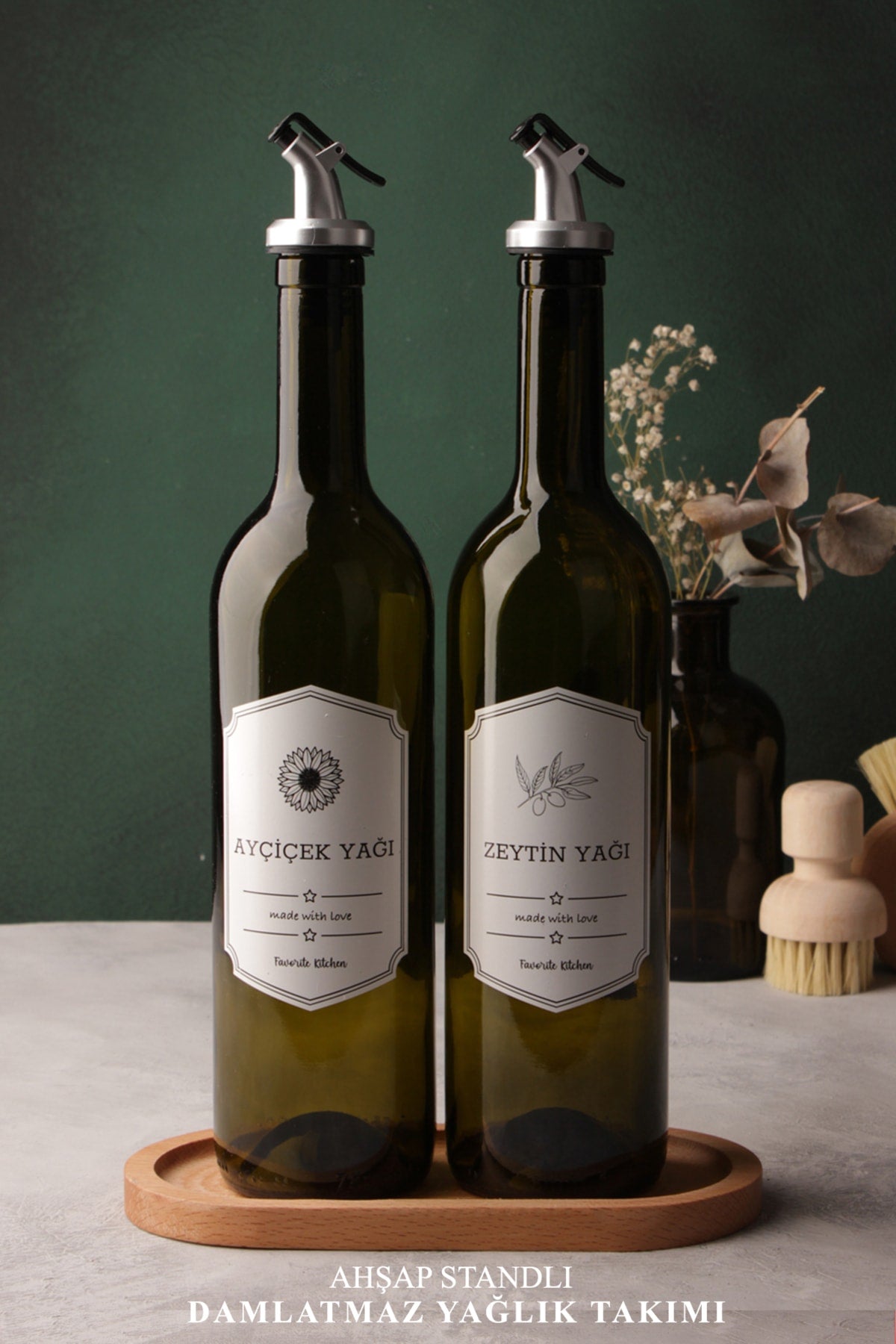 Amber 2 Pieces 750 Ml Olive Oil Oil Bottle With Wooden Stand - Glass Oil Holder Set With Wooden Base And Label