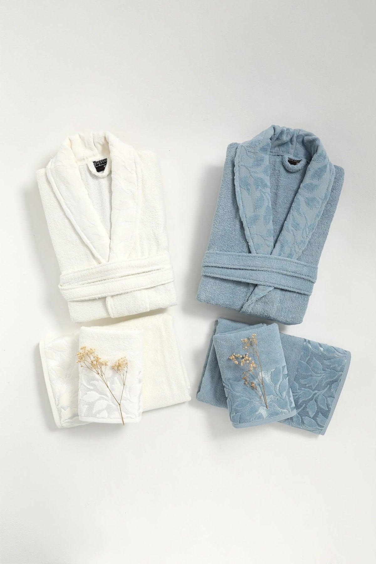 Fiesta Elite Cotton 6 Piece Dowry Family Bathrobe Set - Ecru - Indigo - Swordslife