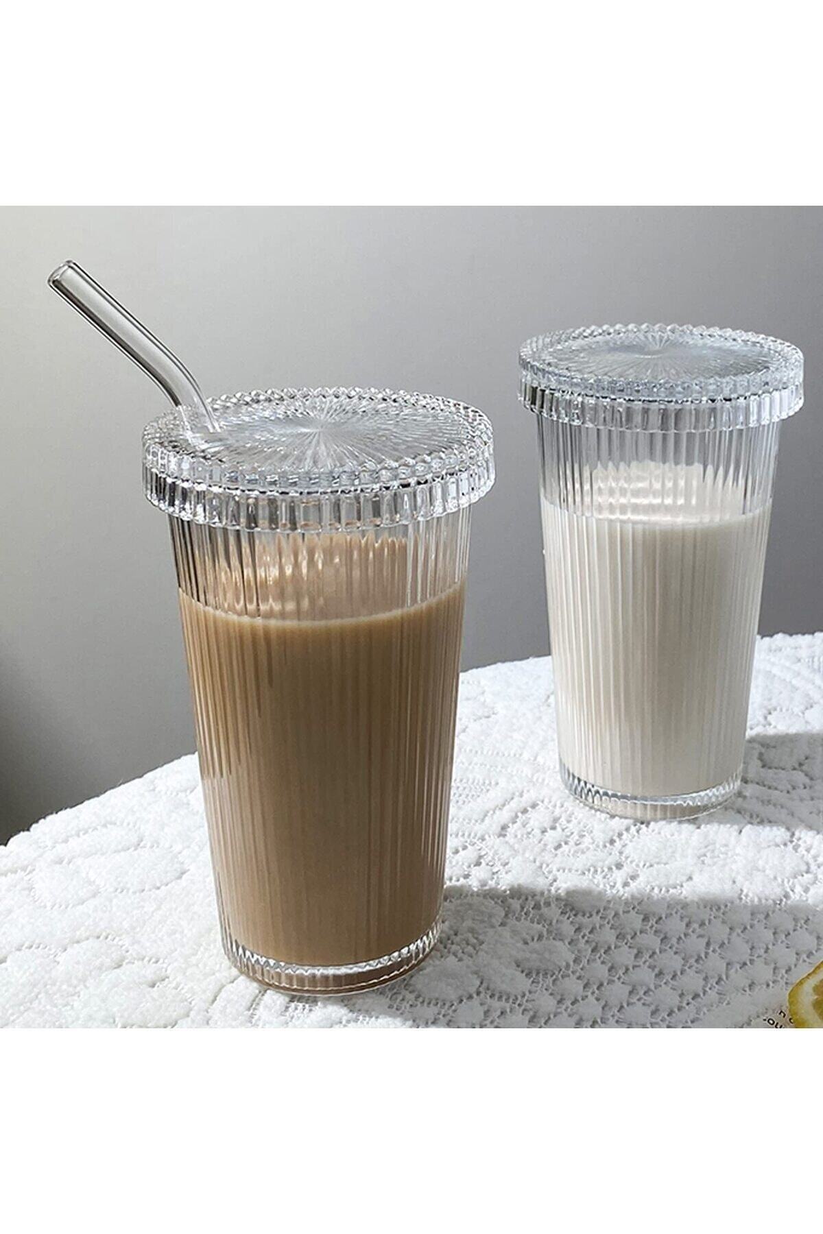 2 Pieces 600 Ml Mica Origami Style Glass Cup with Straw with Lid Origami Style Cold Coffee Soft Drink Glass