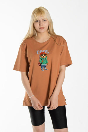 Women's Tile Front Cool Bear Printed Crew Neck Oversize Cotton T-shirt - Swordslife