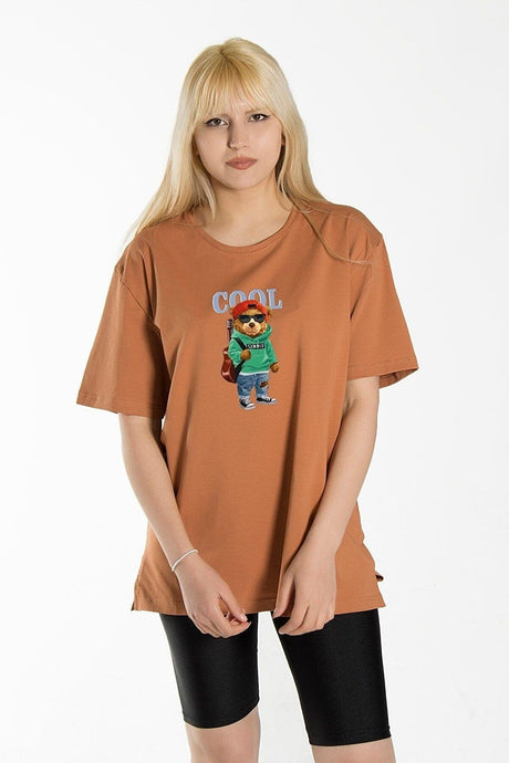 Women's Tile Front Cool Bear Printed Crew Neck Oversize Cotton T-shirt - Swordslife
