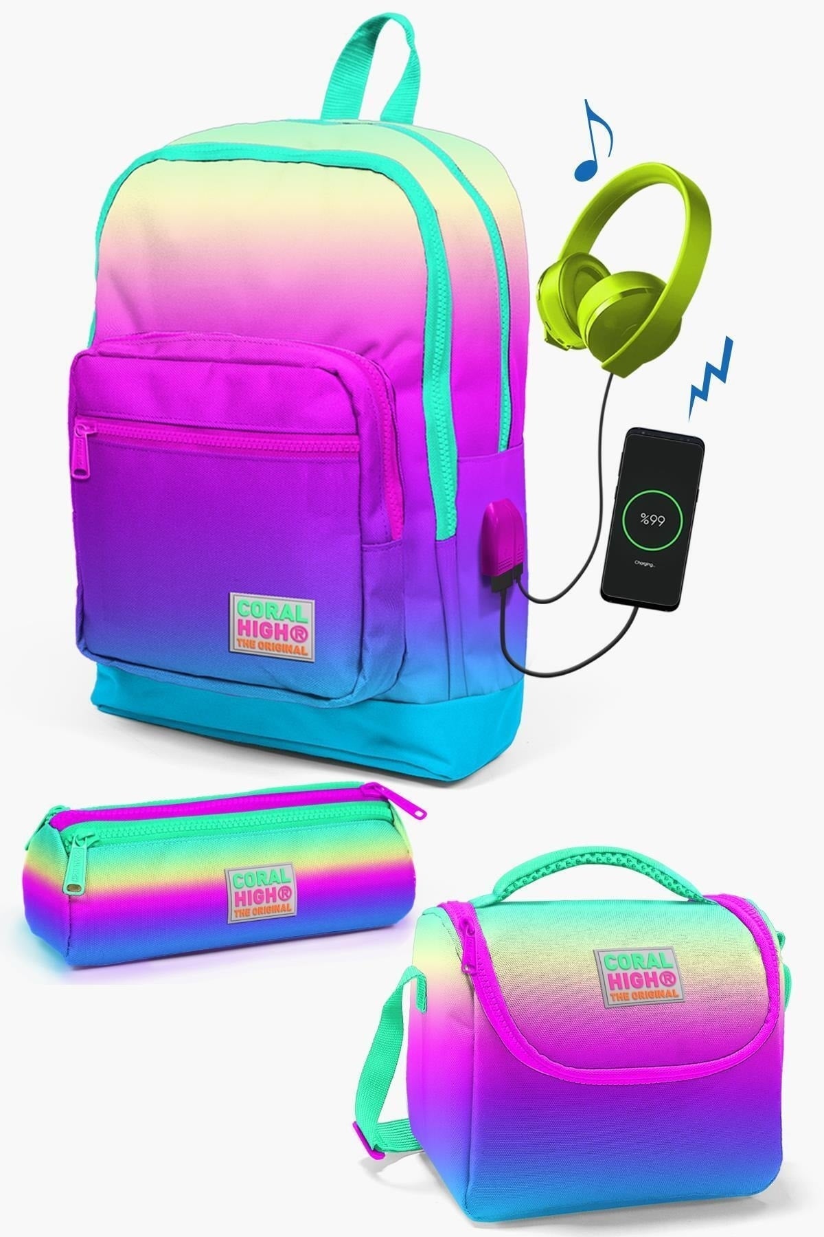 Kids 3 Pcs School Bag Set With Color Change Usb Set0123810