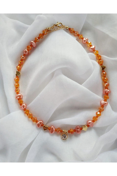 Baroque Pearls Orange Crystal Bead Necklace with White Shimmer Tip - Swordslife