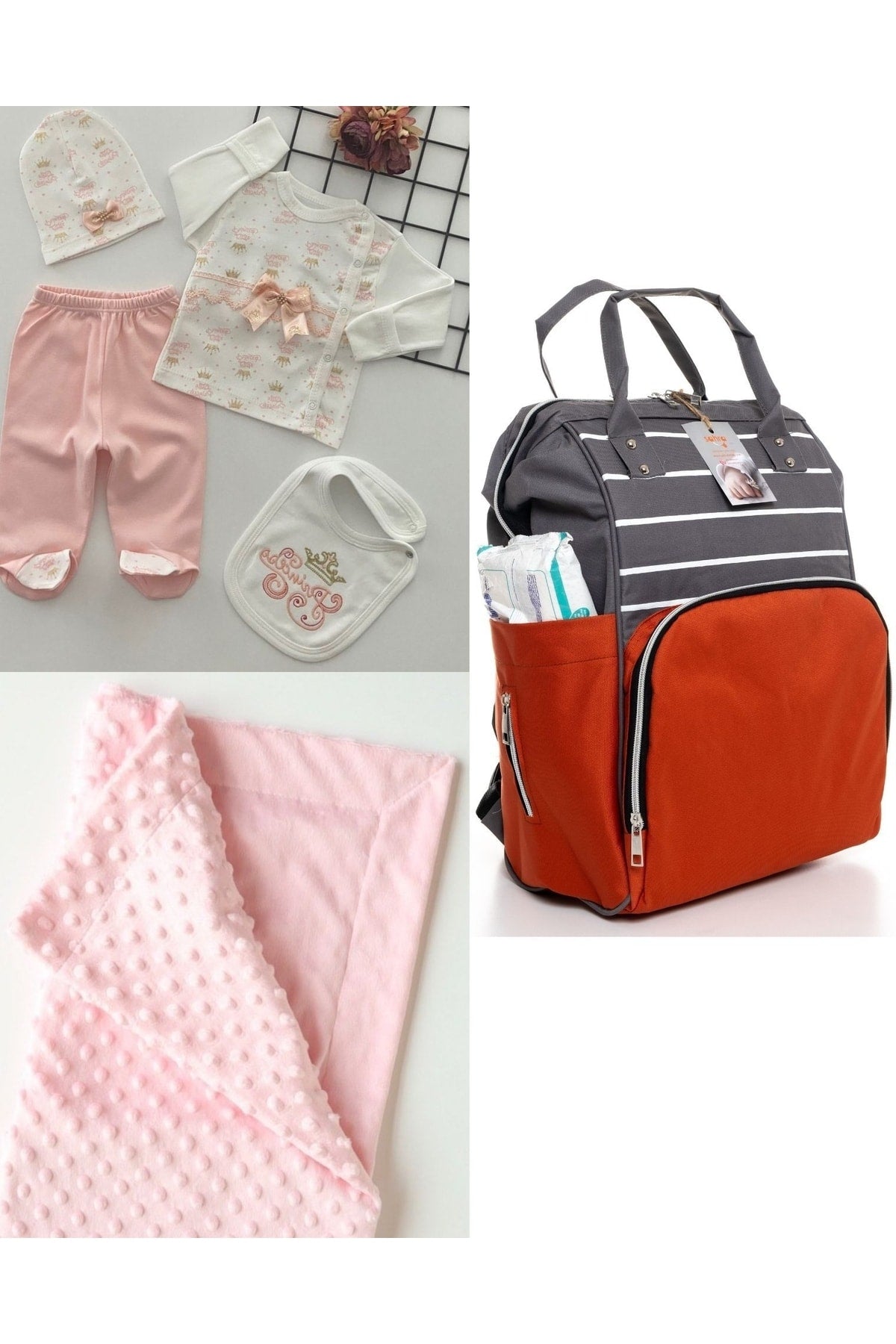 Functional Mother Baby Care Backpack, 100% Cotton Hospital Outlet And Chickpea Blanket Set