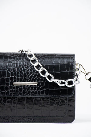 Black Women Crocodile Patterned Clutch Baguette Chain Strap Bag