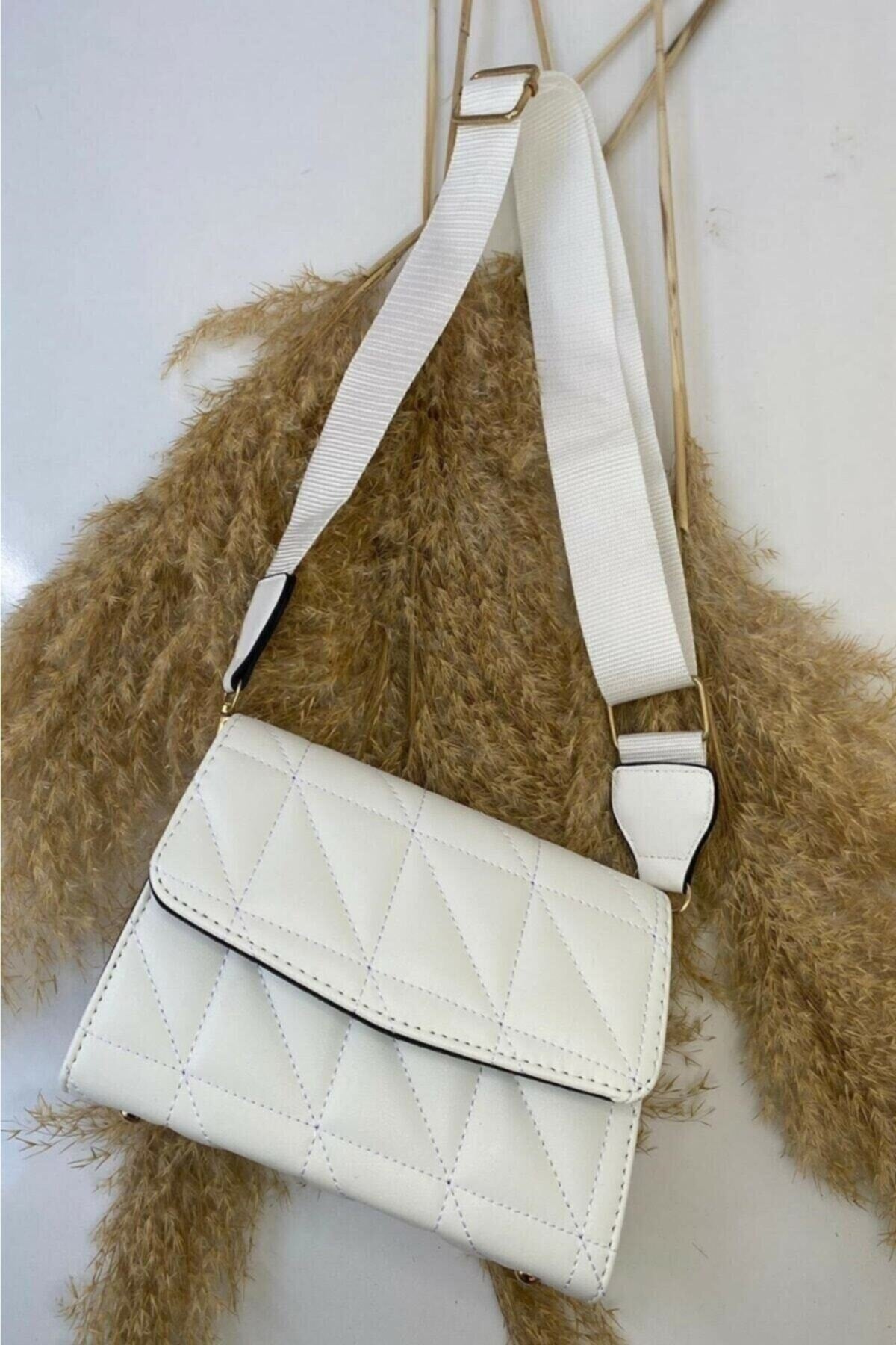 Ceyon Moda White Column Strap Quilted Women'S Shoulder Bag