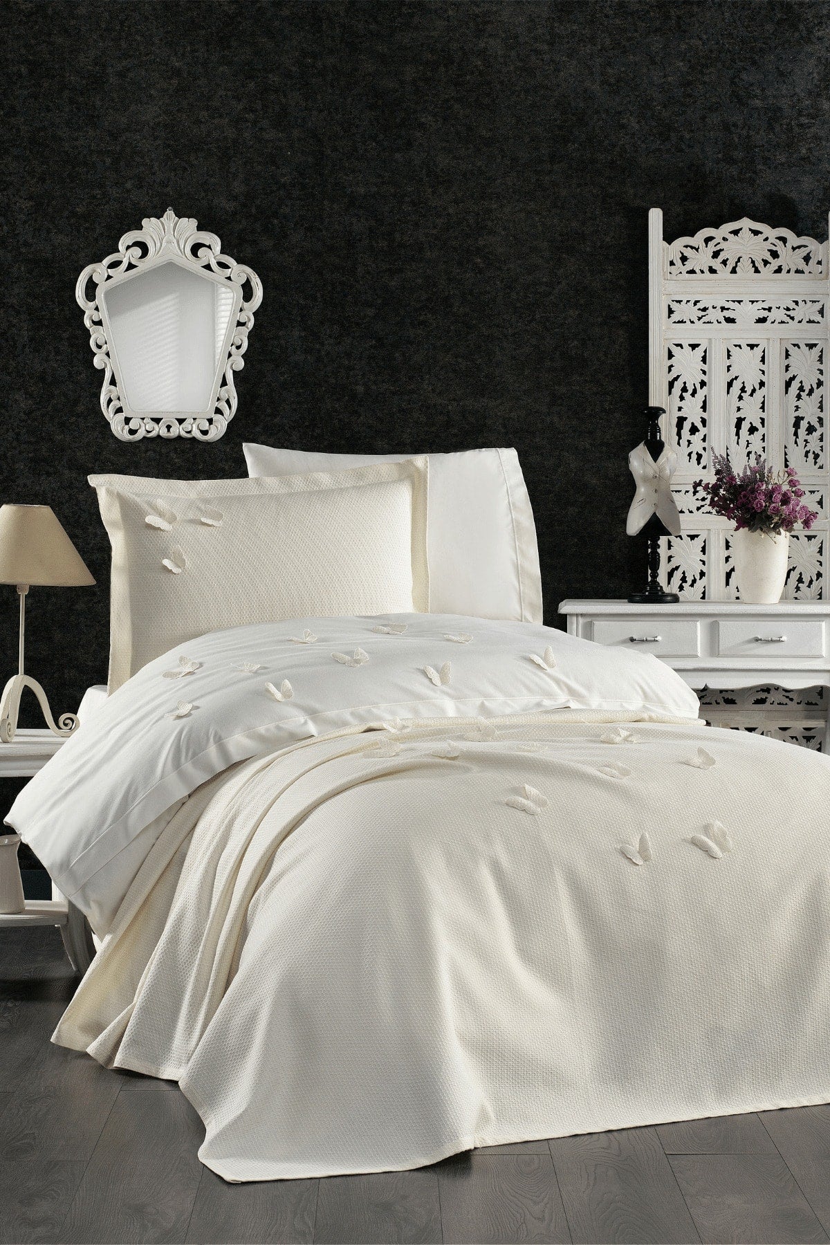 5 Pieces Elastic Bed Sheet, 3D Butterfly Pattern Children'S Room Cotton Single Cream Duvet Cover Set