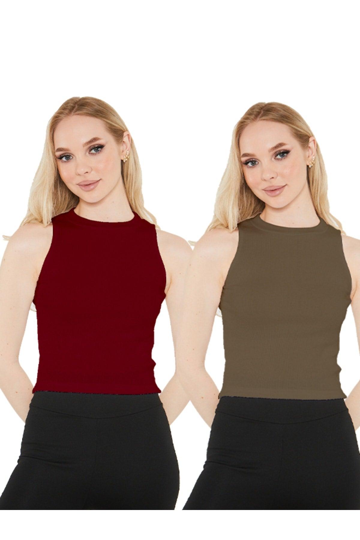 Women's Claret Red Khaki Halter Neck 2 Piece Crop Blouse - Swordslife