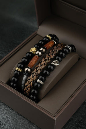 Men'S Leather And Natural Stone Combination Bracelet Set 3 Pieces