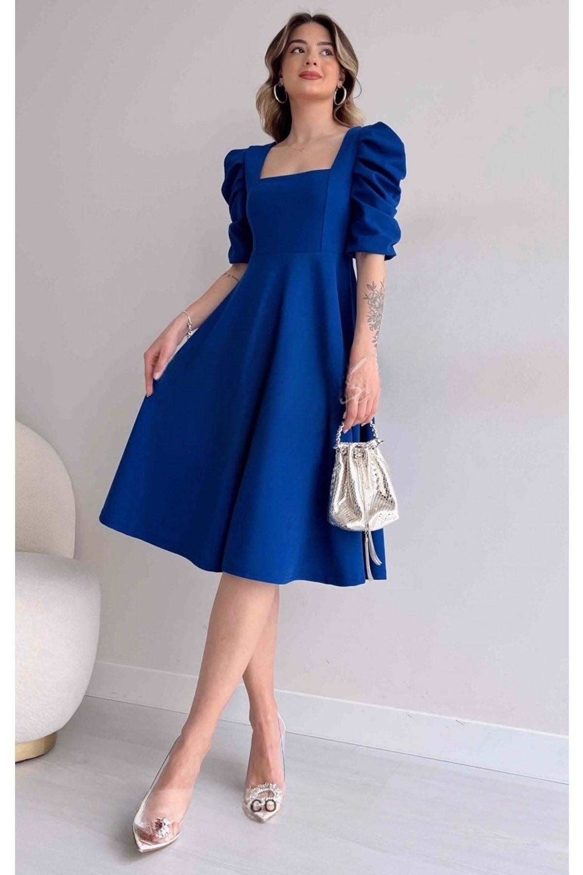 Women's Crepe Fabric Short Sleeve Square Collar Midi Length Flared Cut Sax Blue Dress 080 - Swordslife