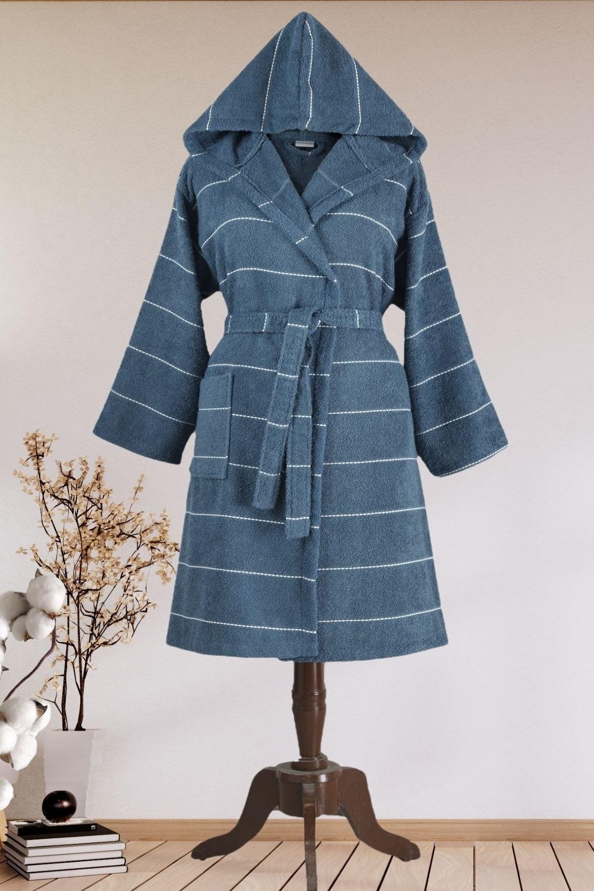 Dark Blue Striped Hooded Bathrobe - Swordslife