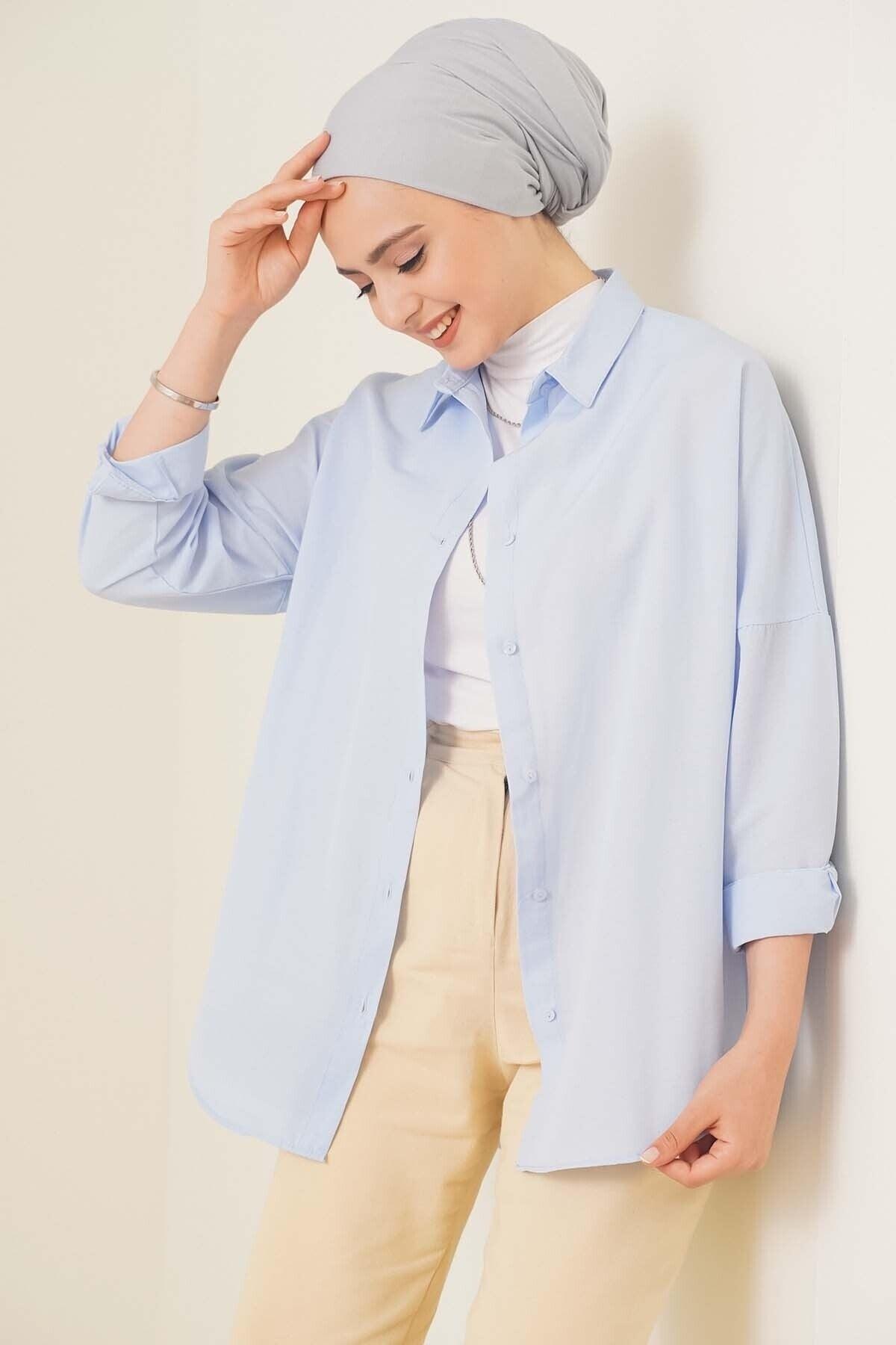 103901 Oversize Basic Hijab Shirt - Light Blue - Swordslife