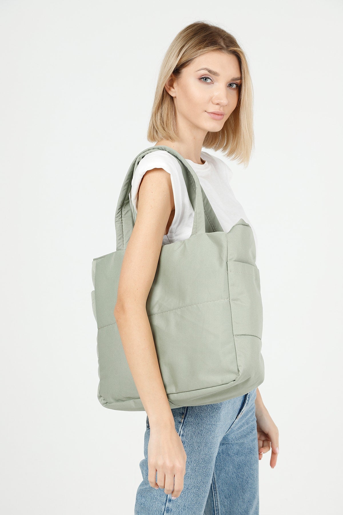 Green U25 3-Compartment Side 2 Pocket Detailed Zipper Closure Canvas Women'S Arm And Shoulder Bag B:35 E:35 G