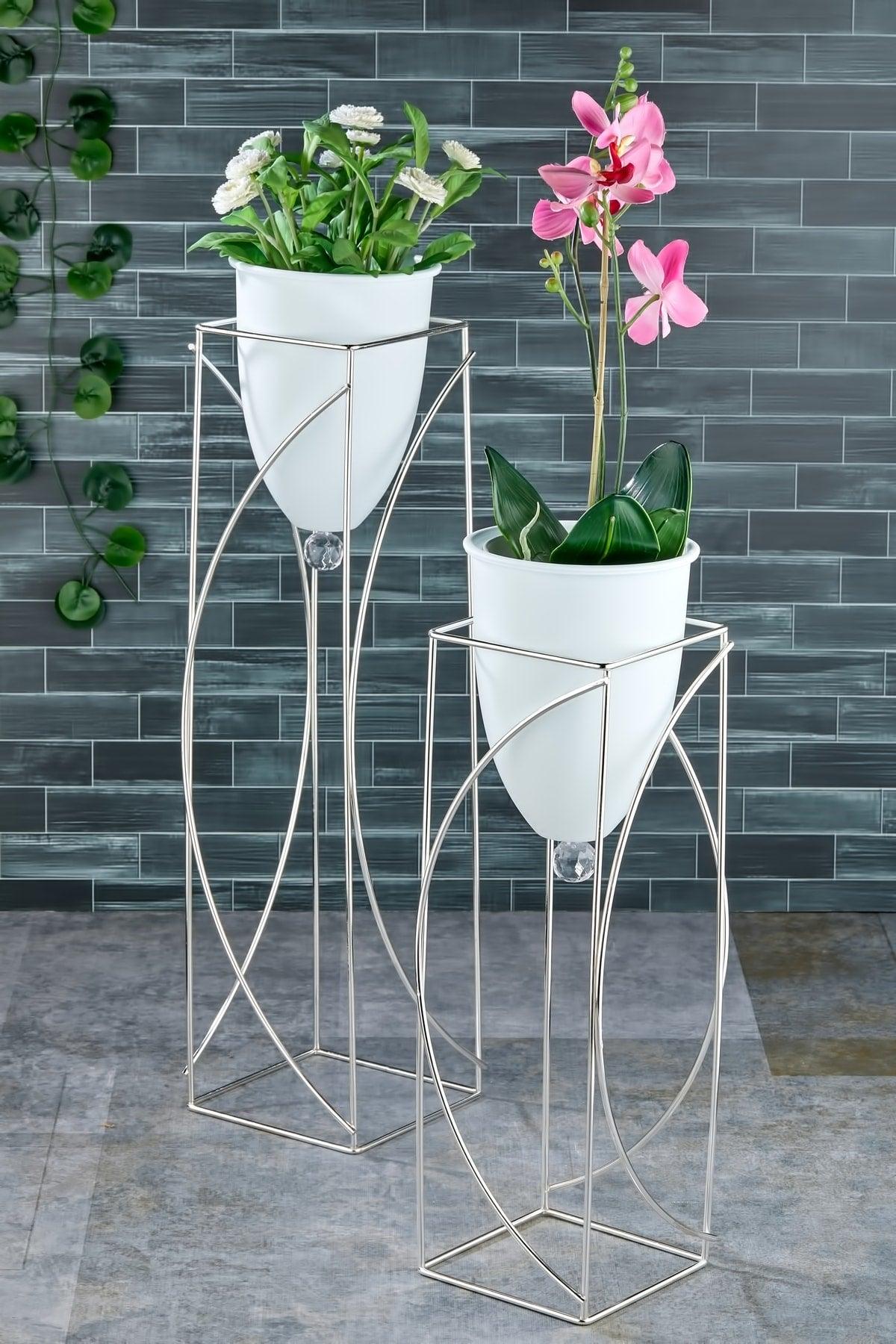 Metal White Decorative Pedestal Flower Pot,2 Pcs Silver Footed Flowerpot,decorative Flowerpot,vase - Swordslife