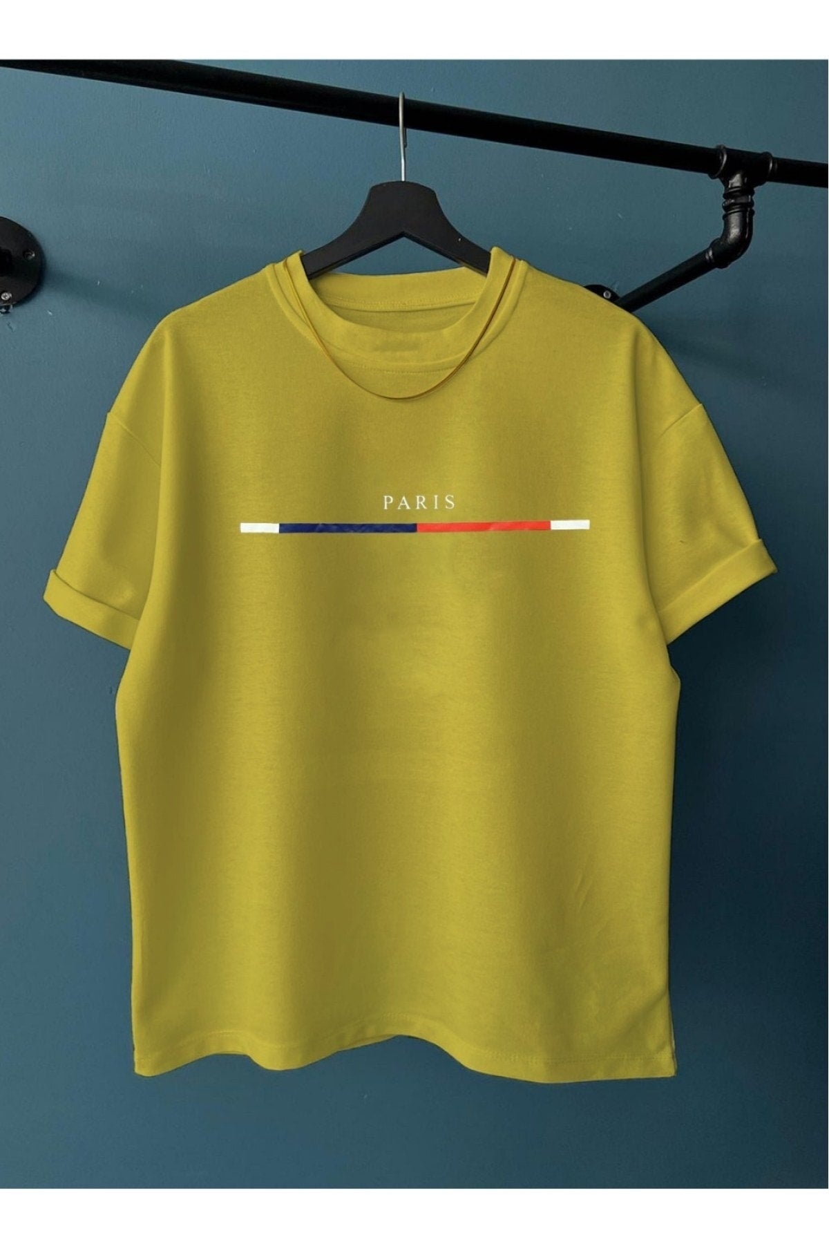 Men'S Moss Chest Slim Striped Paris Printed Oversize Crew Neck T-Shirt