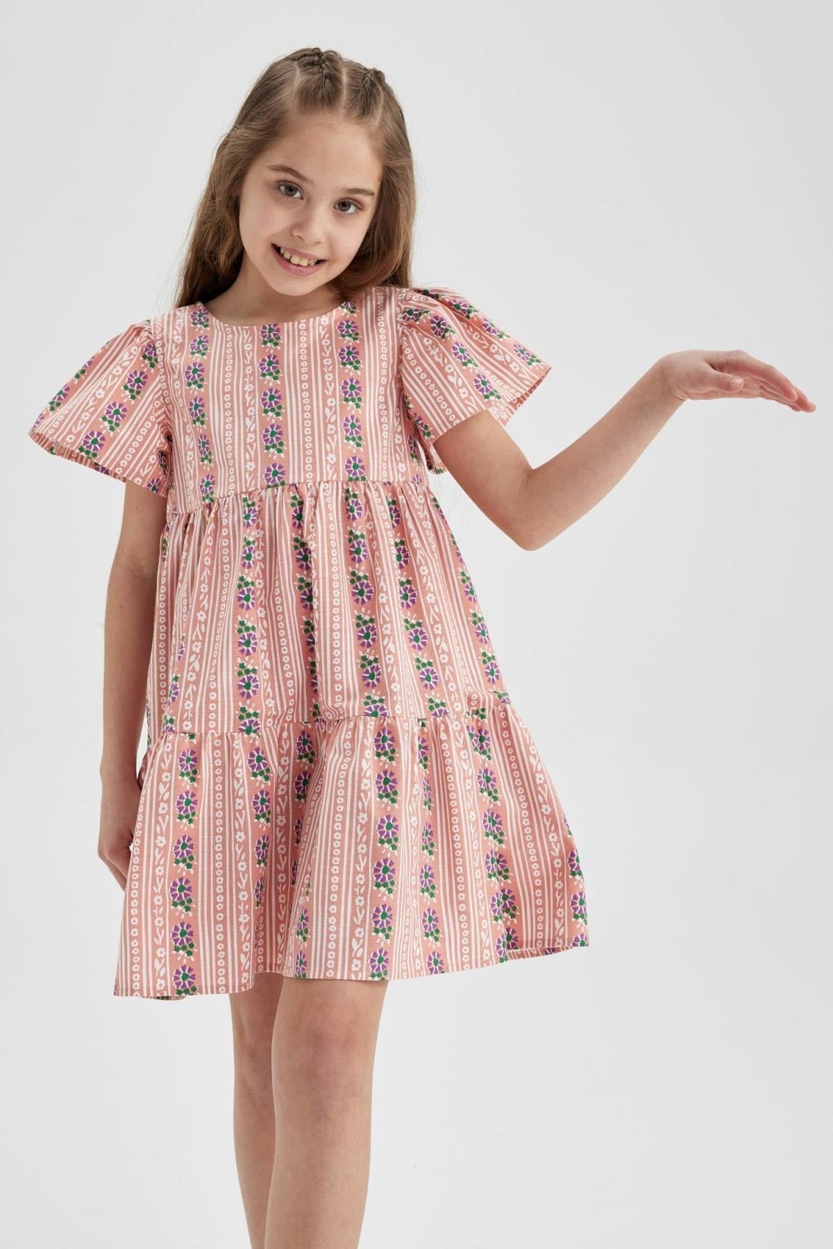 Girl Patterned Short Sleeve Dress