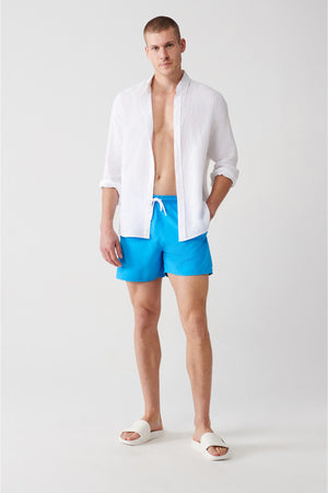Men'S White-Turquoise Quick Dry Printed Standard Size Swimwear Marine Shorts E003802