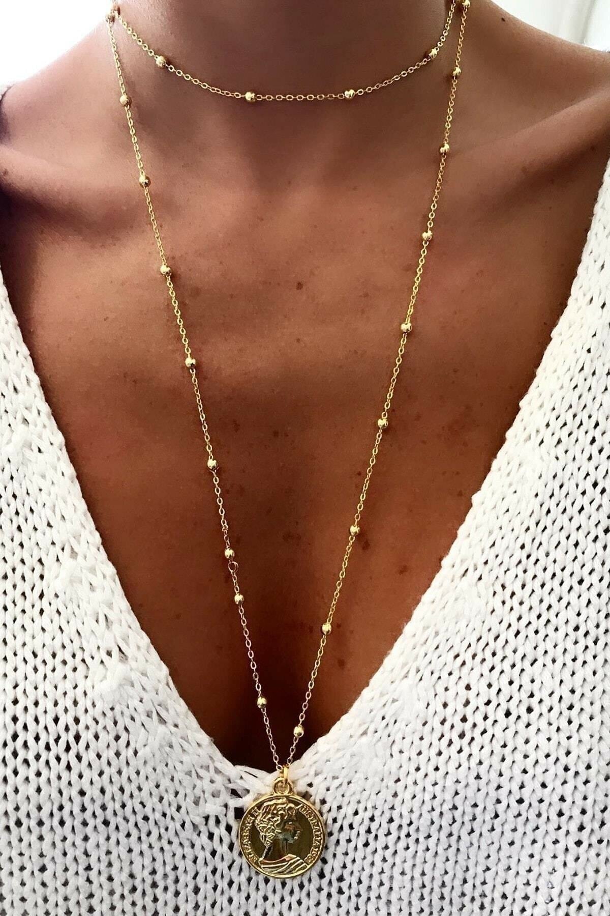 Women'S Gold Color Long Locket Necklace