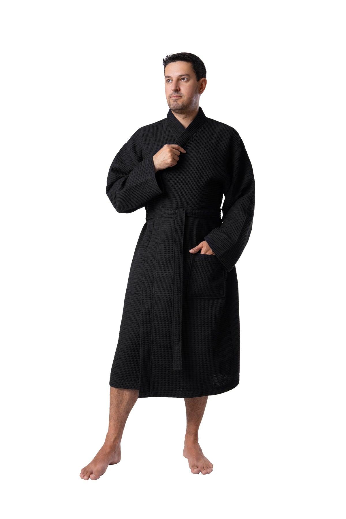 Male Bathrobe Waffle Patterned Organic Bathrobe Male Bathrobe - Black - Swordslife